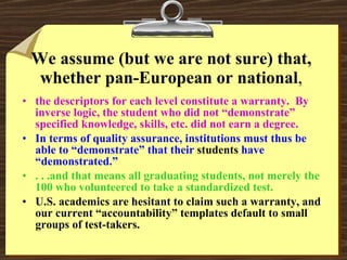 We assume (but we are not sure) that, whether pan-European or national , the descriptors for each level constitute a warranty.  By inverse logic, the student who did not “demonstrate” specified knowledge, skills, etc. did not earn a degree. In terms of quality assurance, institutions must thus be able to “demonstrate” that their  students  have “demonstrated.”  . . .and that means all graduating students, not merely the 100 who volunteered to take a standardized test. U.S. academics are hesitant to claim such a warranty, and our current “accountability” templates default to small groups of test-takers. 