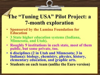 The “Tuning USA” Pilot Project: a 7-month exploration Sponsored by the Lumina Foundation for Education 3 State higher education systems (Indiana, Minnesota, and Utah). Roughly 9 institutions in each state, most of them public, but some private, too.   6 disciplines (2 in Utah and Minnesota; 3 in Indiana): biology, chemistry, physics, history, elementary education, and graphic arts. Students on each team (unlike the Euro version) 