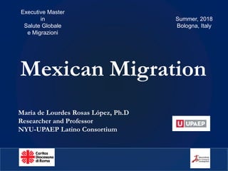 Mexican Migration
María de Lourdes Rosas López, Ph.D
Researcher and Professor
NYU-UPAEP Latino Consortium
Executive Master
in
Salute Globale
e Migrazioni
Summer, 2018
Bologna, Italy
 