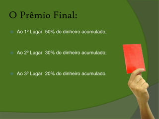 A Pontuação:O apostador que acertar apenas o time vitorioso ganhará 5 pontos;Caso acerte o placar exato (consequentemente o time time vencedor) terá 10 pontos;Se o participante não acertar nada não pontua;O total de pontos dos 10 placares é a pontuação da rodada.