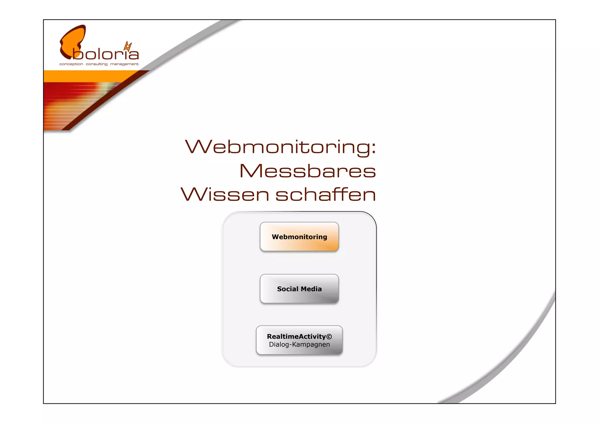 Webmonitoring:
    Messbares
Wissen schaffen
       Webmonitoring




        Social Media




      RealtimeActivity©
      Dialog-Kampagnen
 