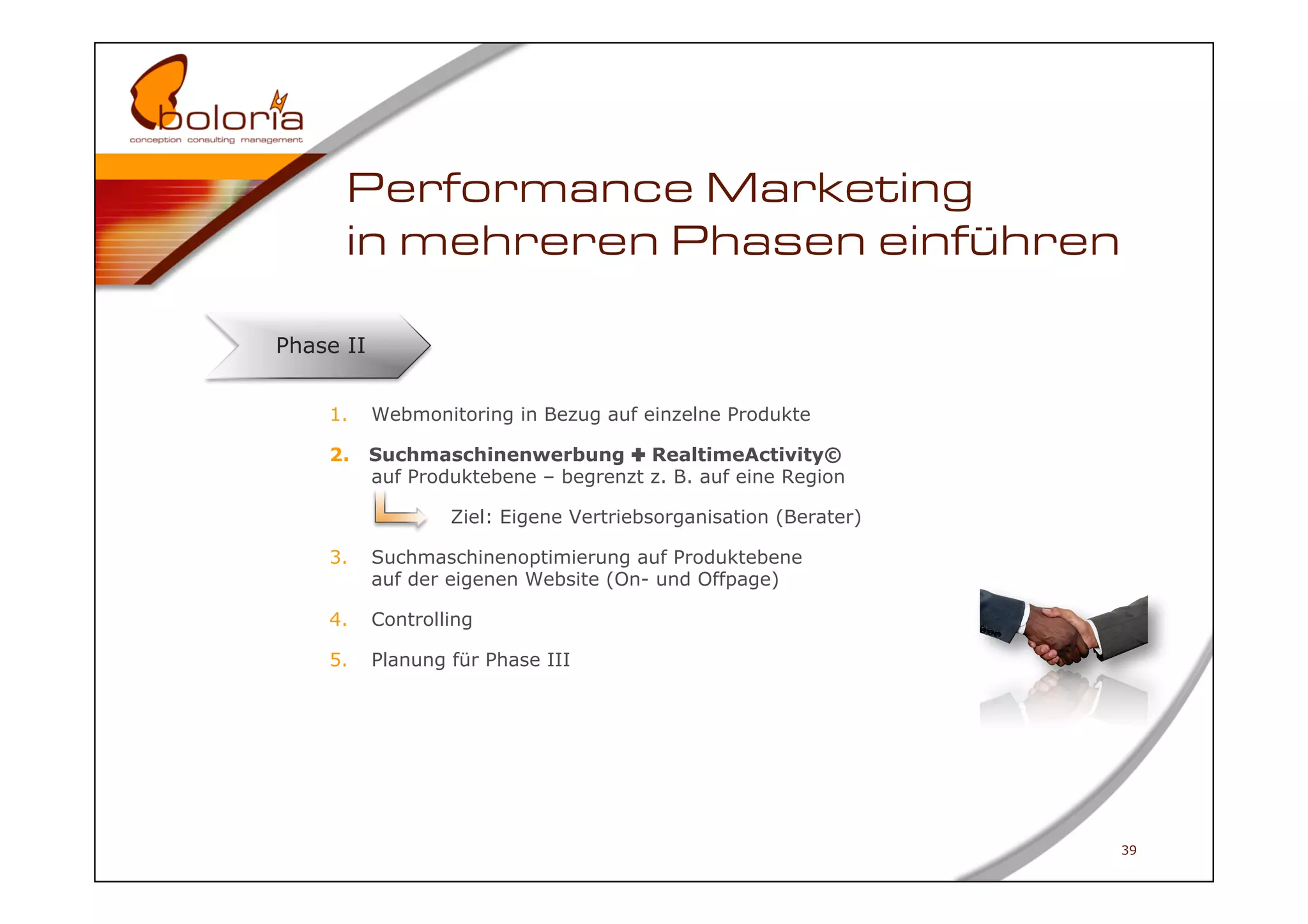 Performance Marketing
      in mehreren Phasen einführen

Phase II


    1.     Webmonitoring in Bezug auf einzelne Produkte

    2.     Suchmaschinenwerbung ✚ RealtimeActivity©
           auf Produktebene – begrenzt z. B. auf eine Region

                   Ziel: Eigene Vertriebsorganisation (Berater)

    3.     Suchmaschinenoptimierung auf Produktebene
           auf der eigenen Website (On- und Offpage)

    4.     Controlling

    5.     Planung für Phase III




                                                                  39
 