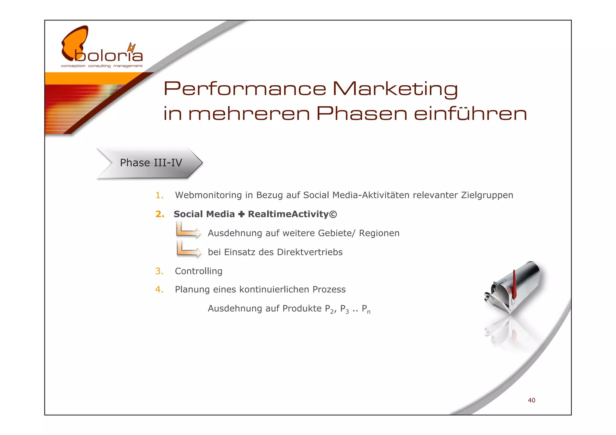 Performance Marketing
        in mehreren Phasen einführen

Phase III-IV


      1.    Webmonitoring in Bezug auf Social Media-Aktivitäten relevanter Zielgruppen

      2.    Social Media ✚ RealtimeActivity©

                   Ausdehnung auf weitere Gebiete/ Regionen

                   bei Einsatz des Direktvertriebs

      3.    Controlling

      4.    Planung eines kontinuierlichen Prozess

                   Ausdehnung auf Produkte P2, P3 .. Pn




                                                                                         40
 