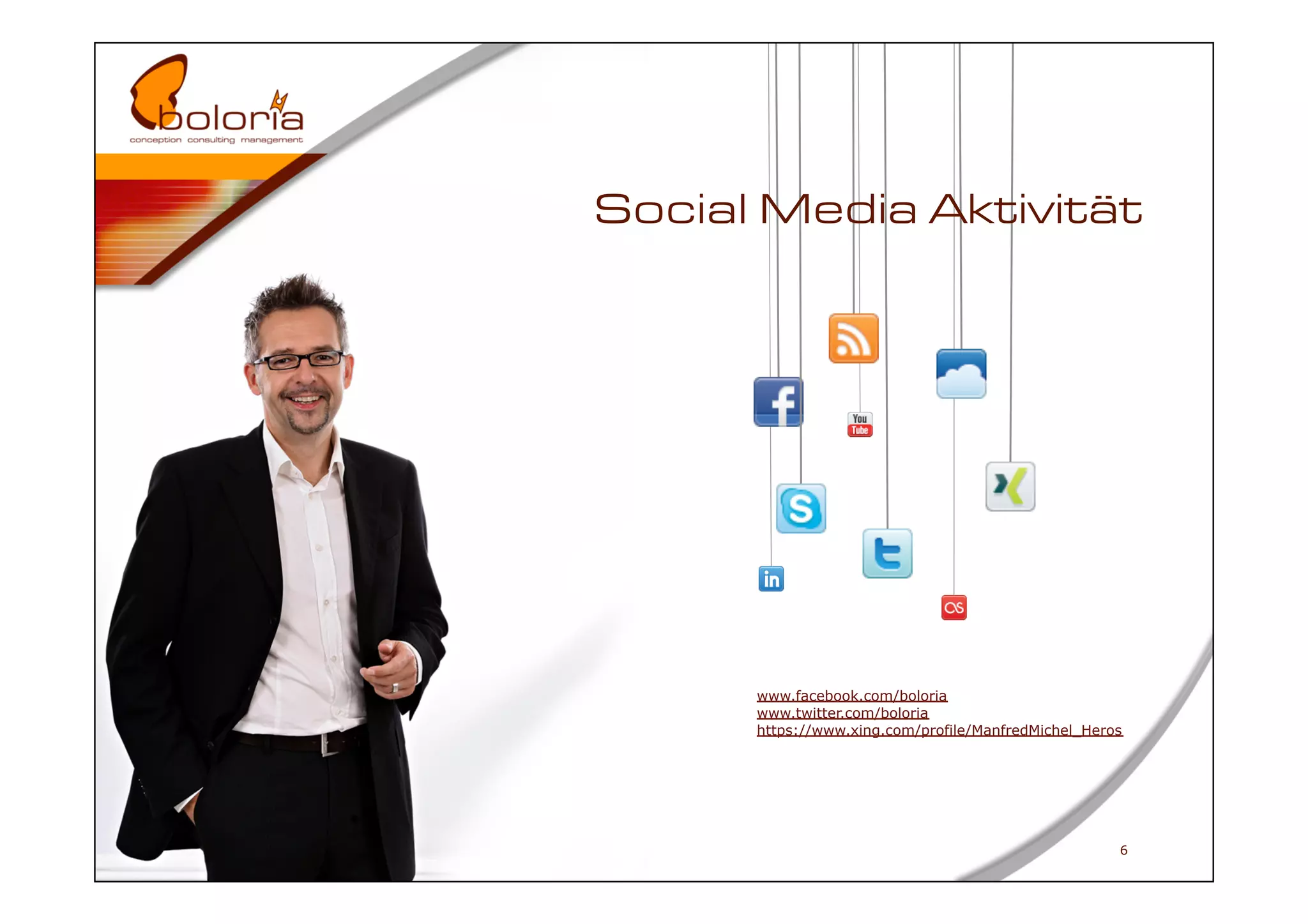 Social Media Aktivität




      www.facebook.com/boloria
      www.twitter.com/boloria
      https://www.xing.com/profile/ManfredMichel_Heros




                                                     6
 