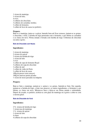 1 xícara de manteiga;
1 xícara de leite;
4 ovos;
3 colheres de chocolate;
3 colheres de castanhas moídas;
1 colher de fermento;
1 colher de licor de cacau (se preferir).

Preparo:
Bate-se a manteiga, junta-se o açúcar, batendo bem até ficar cremoso, juntam-se as gemas,
o chocolate, o leite, a farinha de trigo peneirada com o fermento, e por último as castanhas
e as claras em neve. Fôrma untada e forrada com farinha de trigo. Cobertura de chocolate
ou outra á gosto.

Bolo de Chocolate com Nozes

Ingredientes:

1 xícara de manteiga
2 xícaras de açúcar
3 xícaras de farinha de trigo
1 xícara de leite
3 ovos
1 colher de sopa de fermento Royal
3 colheres de sopa de chocolate
1 colher de mel
1 colher de vinho do Porto
1 colher de licor de cacau
100g de passas (sem caroços)
100g de ameixas pretas picadas
1 xícara de nozes passadas na máquina

Preparo:

Bate-se bem a manteiga; juntam-se o açúcar e as gemas, batendo-se bem. Em seguida,
juntam-se a farinha de trigo, o leite (aos poucos), os outros ingredientes, o fermento e, por
último, as claras em neve. Mistura-se bem e deita-se em fôrma untada e enfarinhada.
Depois de assado, se preferir, recheia-se com glacê de manteiga ou à gosto e cobre-se com
a mesma glacê.

Bolo de Chocolate da Vovó

Ingredientes:

2 ¾ xícaras de farinha de trigo
1 xícara rasa de manteiga
1 ½ xícaras de açúcar
1 xícara de leite
4 claras
4 colheres de sopa de chocolate
                                                                                          20
 
