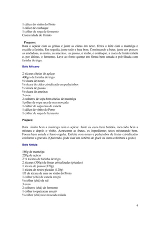 1 cálice do vinho do Porto
1 cálice de conhaque
1 colher de sopa de fermento
Casca ralada de 1limão

 Preparo:
Bata o açúcar com as gemas e junte as claras em neve. Ferva o leite com a manteiga e
escalde a farinha. Em seguida, junte tudo e bata bem. Continuando a bater, junte aos poucos
as amêndoas, as nozes, as ameixas, as passas, o vinho, o conhaque, a casca de limão ralada
e, por último, o fermento. Leve ao forno quente em fôrma bem untada e polvilhada com
farinha de trigo.
Bolo Africano

2 xícaras cheias de açúcar
400grs de farinha de trigo
½ xícara de nozes
½ xícara de cidra cristalizada em pedacinhos
½ xícara de passas
½ xícara de ameixas
7 ovos
2 colheres de sopa bem cheias de manteiga
1colher de sopa rasa de noz moscada
1 colher de sopa rasa de canela
1 cálice de vinho do Porto
1 colher de sopa de fermento

Preparo:

Bata muito bem a manteiga com o açúcar. Junte os ovos bem batidos, mexendo bem a
mistura e depois o vinho. Acrescente as frutas, os ingredientes secos misturando bem.
Forma bem untada e forno regular. Enfeite com nozes e pedacinhos de frutas cristalizadas
conforme a gravura. (Querendo, pode usar um coberto de glacê ou outra cobertura a gosto)

Bolo Aleluia

160g de manteiga
220g de açúcar
2 ½ xícaras de farinha de trigo
2 xícaras (350g) de frutas cristalizadas (picadas)
1 xícara de passas (170g)
1 xícara de nozes picadas (120g)
1/3 de xícara de rum ou vinho do Porto
1 colher (chá) de canela em pó
½ colher (chá) de sal
3 ovos
2 colheres (chá) de fermento
1 colher (sopa)cacau em pó
½ colher (chá) noz moscada ralada


                                                                                         4
 