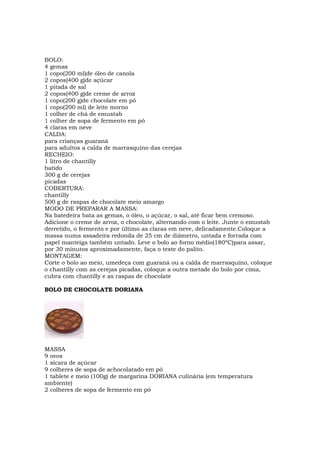 BOLO:
4 gemas
1 copo(200 ml)de óleo de canola
2 copos(400 g)de açúcar
1 pitada de sal
2 copos(400 g)de creme de arroz
1 copo(200 g)de chocolate em pó
1 copo(200 ml) de leite morno
1 colher de chá de emustab
1 colher de sopa de fermento em pó
4 claras em neve
CALDA:
para crianças guaraná
para adultos a calda de marrasquino das cerejas
RECHEIO:
1 litro de chantilly
batido
300 g de cerejas
picadas
COBERTURA:
chantilly
500 g de raspas de chocolate meio amargo
MODO DE PREPARAR A MASSA:
Na batedeira bata as gemas, o óleo, o açúcar, o sal, até ficar bem cremoso.
Adicione o creme de arroz, o chocolate, alternando com o leite. Junte o emustab
derretido, o fermento e por último as claras em neve, delicadamente.Coloque a
massa numa assadeira redonda de 25 cm de diâmetro, untada e forrada com
papel manteiga também untado. Leve o bolo ao forno médio(180ºC)para assar,
por 30 minutos aproximadamente, faça o teste do palito.
MONTAGEM:
Corte o bolo ao meio, umedeça com guaraná ou a calda de marrasquino, coloque
o chantilly com as cerejas picadas, coloque a outra metade do bolo por cima,
cubra com chantilly e as raspas de chocolate

BOLO DE CHOCOLATE DORIANA




MASSA
9 ovos
1 xícara de açúcar
9 colheres de sopa de achocolatado em pó
1 tablete e meio (100g) de margarina DORIANA culinária (em temperatura
ambiente)
2 colheres de sopa de fermento em pó
 