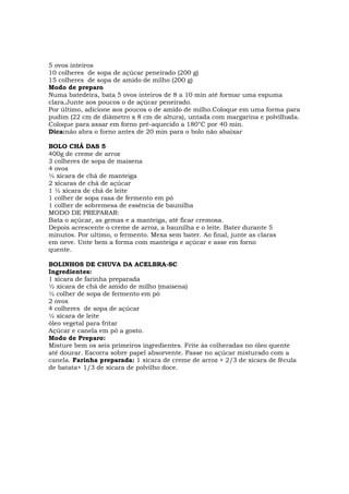 5 ovos inteiros
10 colheres de sopa de açúcar peneirado (200 g)
15 colheres de sopa de amido de milho (200 g)
Modo de preparo
Numa batedeira, bata 5 ovos inteiros de 8 a 10 min até formar uma espuma
clara.Junte aos poucos o de açúcar peneirado.
Por último, adicione aos poucos o de amido de milho.Coloque em uma forma para
pudim (22 cm de diâmetro x 8 cm de altura), untada com margarina e polvilhada.
Coloque para assar em forno pré-aquecido a 180°C por 40 min.
Dica:não abra o forno antes de 20 min para o bolo não abaixar

BOLO CHÁ DAS 5
400g de creme de arroz
3 colheres de sopa de maisena
4 ovos
½ xícara de chá de manteiga
2 xícaras de chá de açúcar
1 ½ xícara de chá de leite
1 colher de sopa rasa de fermento em pó
1 colher de sobremesa de essência de baunilha
MODO DE PREPARAR:
Bata o açúcar, as gemas e a manteiga, até ficar cremosa.
Depois acrescente o creme de arroz, a baunilha e o leite. Bater durante 5
minutos. Por ultimo, o fermento. Mexa sem bater. Ao final, junte as claras
em neve. Unte bem a forma com manteiga e açúcar e asse em forno
quente.

BOLINHOS DE CHUVA DA ACELBRA-SC
Ingredientes:
1 xícara de farinha preparada
½ xícara de chá de amido de milho (maisena)
½ colher de sopa de fermento em pó
2 ovos
4 colheres de sopa de açúcar
½ xícara de leite
óleo vegetal para fritar
Açúcar e canela em pó a gosto.
Modo de Preparo:
Misture bem os seis primeiros ingredientes. Frite às colheradas no óleo quente
até dourar. Escorra sobre papel absorvente. Passe no açúcar misturado com a
canela. Farinha preparada: 1 xícara de creme de arroz + 2/3 de xícara de fécula
de batata+ 1/3 de xícara de polvilho doce.
 