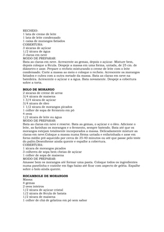 RECHEIO:
1 lata de creme de leite
1 lata de leite condensado
1 caixa de morangos fatiados
COBERTURA:
3 xícaras de açúcar
1/2 xícara de água
3 claras em neve
MODO DE PREPARAR:
Bata as claras em neve. Acrescente as gemas, depois o açúcar. Misture bem,
depois coloque a fécula. Despeje a massa em uma forma, untada, de 25 cm. de
diâmetro e asse. Prepare o recheio misturando o creme de leite com o leite
condensado. Corte a massa ao meio e coloque o recheio. Acrescente os morangos
fatiados e cubra com a outra metade da massa. Bata as claras em neve na
batedeira. Acrescente o açúcar e a água. Bata novamente. Despeje a cobertura
sobre a torta.

BOLO DE MORANGO
2 xícaras de creme de arroz
3/4 xícara de maisena
1 3/4 xícara de açúcar
3/4 xícara de óleo
1 1/2 xícara de morangos picados
1 colher de sopa de fermento em pó
4 ovos
1/2 xícara de leite ou água
MODO DE PREPARAR:
Bata as claras em neve e reserve. Bata as gemas, o açúcar e o óleo. Adicione o
leite, as farinhas os morangos e o fermento, sempre batendo. Bata até que os
morangos estejam totalmente incorporados a massa. Delicadamente misture as
claras em neve.Coloque a massa numa fôrma untada e enfarinhada e asse em
forno médio pré-aquecido por cerca de 35-40 minutos ou até que passe pelo teste
do palito.Desenforme ainda quente e espalhe a cobertura.
COBERTURA:
1 xícara de morangos picados
3 colheres de sopa bem cheias de açúcar
1 colher de sopa de maisena
MODO DE PREPARAR:
Amasse bem os morangos até formar uma pasta. Coloque todos os ingredientes
numa panelinha e cozinhe em fogo baixo até ficar com aspecto de geléia. Espalhe
sobre o bolo ainda quente.

ROCAMBOLE DE MORANGOS
Massa:
4 gemas
2 ovos inteiros
1/2 xícara de açúcar cristal
1/2 xícara de fécula de batata
1/2 xícara de maisena
1 colher de chá de gelatina em pó sem sabor
 