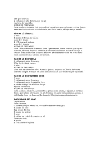 250 g de araruta
2 colheres de chá de fermento em pó
essência de baunilha
MODO DE PREPARAR:
Bata as claras em neve e vá juntando os ingredientes na ordem da receita. Leve a
assar em forma untada e enfarinhada, em forno médio, até que esteja assado.

PÃO DE LÓ CÍTRICO
9 ovos
1 xícara de fécula de batata
suco de 1 limão
1 1/4 xícara de açúcar
suco de 1 laranja
MODO DE PREPARAR:
Bata 7 claras em neve e reserve .Bata 7 gemas com 2 ovos inteiros por alguns
minutos,adicione o açúcar e continue batendo.Adicione os sucos de laranja e
limão e a fécula,misture as claras em neve delicadamente.Asse em forno meio
num a assadeira não untada até dourar.

PÃO DE LÓ DE FÉCULA
9 colheres de sopa de açúcar
250g de fécula de batata
9 ovos
MODO DE PREPARAR:
Bata bem as claras em neve. Junte as gemas, o açúcar e a fécula de batata
batendo sempre. Coloque em uma forma untada e asse em forno pré-aquecido.

PÃO DE LÓ DE POLVILHO DOCE
6 ovos
5 colheres de sopa de açúcar
5 colheres de sopa de polvilho doce
1 colher de sopa de fermento em pó
Açúcar confeiteiro
MODO DE PREPARAR:
Bata as claras em neve. Acrescente as gemas uma a uma, o açúcar, o polvilho
doce e por último o fermento em pó. Coloque em uma forma redonda untada e
polvilhada. Asse em forno médio durante 30 minutos aproximadamente.

ROCAMBOLE TIO JOÃO
Ingredientes:
Para a massa
2 xícaras (chá) de Arroz Tio João cozido somente em água
1 xícara de leite
1/2 xícara de óleo
1 xícara de açúcar
3 ovos
1 colher de chá de fermento em pó
Para o recheio
4 gemas
1 1/2 xícara de açúcar
 