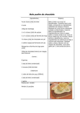 Bolo pudim de chocolate
Ingredientes:
¾ de xícara (chá) de leite
4 ovos
150g de manteiga
1 e ¼ xícara (chá) de açúcar
1 e ½ xícara (chá) de farinha de trigo
½ xícara (chá) de chocolate em pó
1 colher (sopa) de fermento em pó
Margarina e farinha de trigo para
untar
250g de chocolate branco em raspas
para decorar
Creme:
8 gemas
1 lata de leite condensado
2 xícaras (chá) de leite
Cobertura:
1 vidro de leite de coco (200ml)
1 lata de leite condensado
1 gema
Preparo:
Bata o leite e os ovos no
liquidificador. Transfira para uma
tigela, acrescente os ingredientes
restantes da massa e misture.
Despeje em uma forma retangular
untada e enfarinhada e reserve.
Bata no liqúidificador os
ingredientes do creme e jogue
sobre a massa ainda crua. Leve ao
forno médio por 45 minutos. Deixe
esfriar e desenforme. Leve os
ingredientes da cobertura ao fogo e
cozinhe até engrossar. Despeje
sobre o bolo e decore com as
raspas de chocolate. Leve para
gelar por 1 hora antes de servir.
Pronto em: 1h30m
Rende 12 porções
 