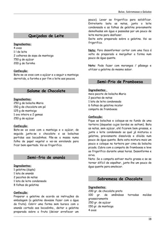 Bolos, Sobremesas e Gelados


                                                     pouco). Levar ao frigorifico para solidificar.
                                                     Entretanto bata as natas, junto o leite
                                                     condensado e as folhas de gelatina previamente
                                                     demolhadas em água e passadas por um pouco de
           Queijadas de Leite                        leite morno para desfazer.
                                                     Deite este preparado sobre a gelatina. Vai ao
                                                     frigorifico.
Ingredientes:
4 ovos
                                                     Nota: Para desenformar cortar com uma faca á
1 l de leite
                                                     volta do preparado e mergulhar a forma num
2 colheres de sopa de manteiga
                                                     pouco de água quente.
750 g de açúcar
200 g de farinha
                                                     Nota: Pode fazer com morangos / pêssego e
                                                     utilizar a gelatina do mesmo sabor.
Confecção:
Bate-se os ovos com o açúcar e a seguir a manteiga
derretida, a farinha e por fim o leite aos poucos.
                                                           Semi-Frio de Framboesa

          Salame de Chocolate                        Ingredientes:
                                                     meio pacote de bolacha Maria
                                                     2 pacotes de natas
Ingredientes:
                                                     1 lata de leite condensada
250 g de bolacha Maria
                                                     6 folhas de gelatina incolor
150 g de chocolate em pó
                                                     compota de framboesa
125 g de manteiga
1 ovo inteiro e 2 gemas
                                                     Confecção:
250 g de açúcar
                                                     Pique as bolachas e coloque-as no fundo de uma
                                                     tarteira (daquelas cujos bordos se soltam). Bata
Confecção:
                                                     as natas, sem açúcar, até ficarem bem grossas, e
Bate-se os ovos com a manteiga e o açúcar, de
                                                     junte o leite condensado ao qual já misturou a
seguida junta-se o chocolate e as bolachas
                                                     gelatina, previamente dissolvida e diluída num
partidas aos bocadinhos. Põe-se a massa numa
                                                     pouco de água quente. Bata esta mistura mais um
folha de papel vegetal e vai-se enrolando para
                                                     pouco e coloque na tarteira por cima da bolacha
ficar bem apertado. Vai ao frigorifico.
                                                     picada. Cubra com a compota de framboesa e leve
                                                     ao frigorífico durante umas horas. Desenforme e
                                                     sirva.
          Semi-frio de ananás                        Nota: Se a compota estiver muito grossa e se se
                                                     tornar difícil de espalhar, junte-lhe um pouco de
Ingredientes:                                        água quente para amolecer.
1 gelatina (dupla)
1 lata de ananás
2 pacotes de natas
1 lata de leite condensado
                                                           Sobremesa de Chocolate
8 folhas de gelatina
                                                     Ingredientes:
                                                     200 gr. de chocolate preto
Confecção:
                                                     100 gr. de amêndoas            torradas   moídas
Preparar a gelatina de acordo as instruções da
                                                     grosseiramente
embalagem (a gelatina devesse fazer com a água
                                                     250 gr. de açúcar
da fruta). Cobrir uma forma sem buraco com o
                                                     150 gr. de manteiga
ananás cortado aos bocadinho., deitar a gelatina
                                                     4 ovos
preparada sobre a fruta (deixar arrefecer um

                                                                                                    18
 