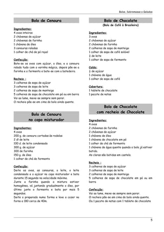Bolos, Sobremesas e Gelados


              Bolo de Cenoura                                  Bolo de Chocolate
                                                              (Bolo de Café à Brasileira)
Ingredientes:
4 ovos inteiros                                     Ingredientes:
2 chávenas de açúcar                                3 ovos
2 chávenas de farinha                               2 chávenas de açúcar
1 chávena de óleo                                   2 chávenas de farinha
3 cenouras raladas                                  2 colheres de sopa de manteiga
1 colher de chá de pó royal                         1 colher de sopa de café solúvel
                                                    ½ de leite
Confecção:                                          1 colher de sopa de fermento
Bate-se os ovos com açúcar, o óleo, e a cenoura
ralada tudo com a varinha mágica, depois põe-se a   Calda:
farinha e o fermento e bate-se com a batedeira.     ½ de açúcar
                                                    1 chávena de água
Recheio :                                           1 colher de sopa de café
3 colheres de sopa de açúcar
3 colheres de sopa de leite                         Cobertura:
2 colheres de sopa de manteiga                      1 tablete de chocolate
5 colheres de sopa de chocolate em pó ou em barra   1 pacote de natas
Vai ao lume, mexe-se sempre sem parar.
O recheio põe-se em cima do bolo ainda quente.
                                                             Bolo de Chocolate
                                                          com recheio de Chocolate
            Bolo de Cenoura
           no copo misturador                       Ingredientes:
                                                    4 ovos
Ingredientes:                                       2 chávenas de farinha
4 ovos                                              2 chávenas de açúcar
200 g. de cenoura cortadas às rodelas               1 chávena de óleo
2 dl de leite                                       1 chávena de chocolate em pó
100 d. de leite condensado                          1 colher de chá de fermento
300 g. de açúcar                                    1 chávena de água quente quando o bolo já estiver
300 de farinha                                      batido.
150 g. de óleo                                      As claras são batidas em castelo.
1 colher de chá de fermento
                                                    Recheio :
Confecção:                                          3 colheres de sopa de açúcar
Deite os ovos, as cenouras, o leite, o leite        3 colheres de sopa de leite
condensado e o açúcar no copo misturador e bata     2 colheres de sopa de manteiga
durante 15 segundo na velocidade máxima.            5 colheres de sopa de chocolate em pó ou em
Junte a farinha quando a mistura estiver            barra
homogénea, vá juntando gradualmente o óleo, por
último junte o fermento e bata por mais 5           Confecção:
segundos.                                           Vai ao lume, mexe-se sempre sem parar.
Deite o preparado numa forma e leve a cozer no      O recheio põe-se em cima do bolo ainda quente.
forno a 180 cerca de 40m.                           Ou 1 pacote de natas com 1 tablete de chocolate




                                                                                                      5
 