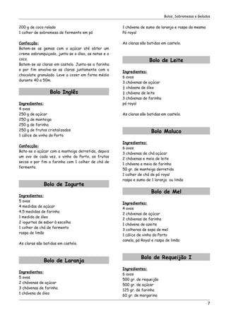 Bolos, Sobremesas e Gelados


200 g de coco ralado                                 1 chávena de sumo de laranja e raspa da mesma
1 colher de sobremesa de fermento em pó              Pó royal

Confecção:                                           As claras são batidas em castelo.
Batem-se as gemas com o açúcar até obter um
creme esbranquiçado, junta-se o óleo, as natas e o
coco.                                                               Bolo de Leite
Batem-se as claras em castelo. Junta-se a farinha
e por fim envolve-se as claras juntamente com o
                                                     Ingredientes:
chocolate granulado. Leve a cozer em forno médio
                                                     6 ovos
durante 40 a 50m.
                                                     3 chávenas de açúcar
                                                     ½ chávena de óleo
                 Bolo Inglês                         ½ chávena de leite
                                                     3 chávenas de farinha
Ingredientes:                                        pó royal
4 ovos
250 g de açúcar                                      As claras são batidas em castelo.
250 g de manteiga
250 g de farinha
250 g de frutos cristalizados                                        Bolo Maluco
1 cálice de vinho do Porto
                                                     Ingredientes:
Confecção:
                                                     6 ovos
Bate-se o açúcar com a manteiga derretida, depois
                                                     3 chávenas de chá açúcar
um ovo de cada vez, o vinho do Porto, os frutos
                                                     2 chávenas e meia de leite
secos e por fim a farinha com 1 colher de chá de
                                                     1 chávena e meia de farinha
fermento.
                                                     50 gr. de manteiga derretida
                                                     1 colher de chá de pó royal
                                                     raspa e sumo de 1 laranja ou limão
              Bolo de Iogurte
                                                                     Bolo de Mel
Ingredientes:
5 ovos
                                                     Ingredientes:
4 medidas de açúcar
                                                     4 ovos
4,5 medidas de farinha
                                                     2 chávenas de açúcar
1 medida de óleo
                                                     2 chávenas de farinha
2 iogurtes de sabor à escolha
                                                     1 chávena de azeite
1 colher de chá de fermento
                                                     3 colheres de sopa de mel
raspa de limão
                                                     1 cálice de vinho do Porto
                                                     canela, pó Royal e raspa de limão
As claras são batidas em castelo.


                                                               Bolo de Requeijão I
              Bolo de Laranja
                                                     Ingredientes:
Ingredientes:
                                                     6 ovos
5 ovos
                                                     500 gr. de requeijão
2 chávenas de açúcar
                                                     500 gr. de açúcar
3 chávenas de farinha
                                                     125 gr. de farinha
1 chávena de óleo
                                                     60 gr. de margarina

                                                                                                      7
 