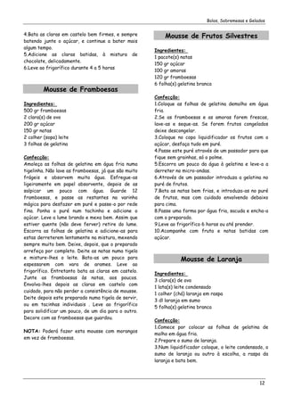 Bolos, Sobremesas e Gelados


4.Bata as claras em castelo bem firmes, e sempre          Mousse de Frutos Silvestres
batendo junte o açúcar, e continue a bater mais
algum tempo.
                                                      Ingredientes:
5.Adicione as claras batidas, à mistura de
                                                      1 pacote(s) natas
chocolate, delicadamente.
                                                      150 gr açúcar
6.Leve ao frigorífico durante 4 a 5 horas
                                                      100 gr amoras
                                                      120 gr framboesas
                                                      6 folha(s) gelatina branca
         Mousse de Framboesas
                                                      Confecção:
Ingredientes:                                         1.Coloque as folhas de gelatina demolho em água
500 gr framboesas                                     fria.
2 clara(s) de ovo                                     2.Se as framboesas e as amoras forem frescas,
200 gr açúcar                                         lave-as e seque-as. Se forem frutos congelados
150 gr natas                                          deixe descongelar.
2 colher (sopa) leite                                 3.Coloque no copo liquidificador os frutos com o
3 folhas de gelatina                                  açúcar, desfaça tudo em puré.
                                                      4.Passe este puré através de um passador para que
Confecção:                                            fique sem grainhas, só o polme.
Amoleça as folhas de gelatina em água fria numa       5.Escorra um pouco da água à gelatina e leve-a a
tigelinha. Não lave as framboesas, já que são muito   derreter no micro-ondas.
frágeis e absorvem muita água. Esfregue-as            6.Através de um passador introduza a gelatina no
ligeiramente em papel absorvente, depois de as        puré de frutos.
salpicar um pouco com água. Guarde 12                 7.Bata as natas bem frias, e introduza-as no puré
framboesas, e passe as restantes na varinha           de frutos, mas com cuidado envolvendo debaixo
mágica para desfazer em puré e passe-o por rede       para cima.
fina. Ponha o puré num tachinho e adicione o          8.Passe uma forma por água fria, sacuda e encha-a
açúcar. Leve a lume brando e mexa bem. Assim que      com o preparado.
estiver quente (não deve ferver) retire do lume.      9.Leve ao frigorífico 6 horas ou até prender.
Escorra as folhas de gelatina e adicione-as para      10.Acompanhe com fruta e natas batidas com
estas derreterem lentamente na mistura, mexendo       açúcar.
sempre muito bem. Deixe, depois, que o preparado
arrefeça por completo. Deite as natas numa tigela
e misture-lhes o leite. Bata-as um pouco para                     Mousse de Laranja
espessarem com vara de arames. Leve ao
frigorífico. Entretanto bata as claras em castelo.
                                                      Ingredientes:
Junte as framboesas às natas, aos poucos.
                                                      3 clara(s) de ovo
Envolva-lhes depois as claras em castelo com
                                                      1 lata(s) leite condensado
cuidado, para não perder a consistência de mousse.
                                                      1 colher (chá) laranja em raspa
Deite depois este preparado numa tigela de servir,
                                                      3 dl laranja em sumo
ou em tacinhas individuais . Leve ao frigorífico
                                                      5 folha(s) gelatina branca
para solidificar um pouco, de um dia para o outro.
Decore com as framboesas que guardou.
                                                      Confecção:
                                                      1.Comece por colocar as folhas de gelatina de
NOTA: Poderá fazer esta mousse com morangos
                                                      molho em água fria.
em vez de framboesas.
                                                      2.Prepare o sumo de laranja.
                                                      3.Num liquidificador coloque, o leite condensado, o
                                                      sumo de laranja ou outro à escolha, a raspa da
                                                      laranja e bata bem.



                                                                                                     12
 