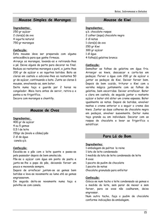Bolos, Sobremesas e Gelados


    Mousse Simples de Morangos                                      Mousse de Kiwi

Ingredientes:                                         Ingredientes:
250 gr açúcar                                         q.b. chocolate raspas
2 clara(s) de ovo                                     2 colher (sopa) chocolate negro
4 iogurte natural                                     2 dl natas
750 gr morangos                                       1 clara(s) de ovo
                                                      250 gr Kiwi
Confecção:                                            300 gr açúcar
Esta mousse deve ser preparada com alguma             1 dl água
antecedência para que ganhe firmeza.                  4 folha(s) gelatina branca
Arranje os morangos, lavando-os e retirando-lhes
o pé. Deixe alguns de parte para decorar no final.    Confecção:
Reduza os restantes morangos a puré, e junte-lhes     Demolhar as folhas de gelatina em água fria.
200 gr de açúcar e os iogurtes batidos. Bata as       Arranjar os kiwis, descascar e corta-los em
claras em castelo e adicione-lhes os restantes 50     pedaços. Ferver a água com 200 gr de açúcar e
gr de açúcar, continuando a bate. Junte as claras à   juntar os pedaços de Kiwi. Deixar ferver bem.
mousse, envolvendo-as, sem bater.                     Depois de bem cozido, triturar o Kiwi com a
Deite numa taça e guarde por 2 horas no               varinha mágica juntamente com as folhas de
congelador. Meia hora antes de servir, retire-a e     gelatina, bem escorridas. Deixar arrefecer. Bater
ponha-a no frigorífico.                               a clara em castelo, de seguida juntar o restante
Decore com morangos e chantilly.                      açúcar e bater até obter um creme espesso. Bater
                                                      igualmente as natas. Depois de batidas, envolver
                                                      nestas o creme anterior e a seguir o creme dos
             Mousse de Ovos                           kiwis. Juntar as duas colheres de chocolate negro
                                                      em pedaços, envolver suavemente. Deitar numa
                                                      taça grande ou em individuais. Decorar com as
Ingredientes:
                                                      raspas de chocolate e levar ao frigorifico a
400 gr de açúcar
                                                      solidificar.
4 ou 5 gemas
0,5 l de leite
150gr de (miolo e côdea) pão
2 dl de água                                                        Para Lá do Bom
 canela q.b.
                                                      Ingredientes:
Confecção:                                            1 embalagem de palitos la reine
Escalda-se o pão com o leite quente e passa-se        1 lata de leite condensado
pelo passador depois de bem amolecido.                1 medida da lata de leite condensado de leite
Põe-se o açúcar com água em ponto de pasta e          4 ovos
junta-se-lhe a papa do pão, deixando ferver um        1 pacote de pudim de chocolate
pouco e mexendo sempre.                               1 pacote de natas
Depois de arrefecer juntam-se as gemas bem            Chocolate granulado para enfeitar
batidas e leva-se novamente ao lume até as gemas
engrossarem.                                          Confecção:
Em seguida deita-se novamente numa taça e             Coloca-se num tacho o leite condensado as gemas e
polvilha-se com canela.                               a medida do leite, sem parar de mexer e sem
                                                      ferver, para os ovos não coalharem, deixe
                                                      engrossar.
                                                      Num outro tacho, faça o pudim de chocolate
                                                      conforme indicações da embalagem.



                                                                                                      15
 