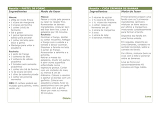 Receita – PASTEL DE FORNO                                     Receita – CUCA CREMOSA DE BANANA
Ingredientes                   Modo de fazer                  Ingredientes                Modo de fazer

Massa:                         Massa:                            2 xícaras de açúcar     Primeiramente prepare uma
 200g de ricota fresca        Passar a ricota pela peneira      1 ½ xícara de farinha   farofa com os 5 primeiros
 1 xícara de margarina        ou ralar no ralador fino.         1 ½ xícara de maizena   ingredientes (primeiro
 3 xícaras de farinha         Acrescentar os demais             1 colher (sopa) de      misturar os itens secos e
 1 colher (chá) de            ingredientes, misturar bem         fermento em pó          por último a margarina),
  fermento                     até ficar bem lisa. Levar à       1 xícara de margarina   misturando cuidadosamente
 Sal a gosto                  geladeira por 30 minutos.         3 ovos                  para formar a farofa.
 1 gema ligeiramente          Recheio:                          1 xícara de leite       Disponha esa farofa em
  batida para pincelar         Cozinhar o frango, desfiar        5 bananas médias        uma forma untada.
 1 colher de leite para       ou cortar miudinho. Refogar
  diluir a gema                o frango com a cebola e o                                  Em seguida, disponha as
 Manteiga para untar a        tomate e deixar cozinhar.                                  cinco bananas, cortadas no
  assadeira                    Dissolver a farinha no leite                               sentido horizontal, sobre a
                               e juntar ao frango.                                        camada de farofa.
Recheio:                       Acrescentar a salsinha e a
 1 peito de frango                                                                       Por último, misturar bem os
                               pimenta.                                                   ovos com o leite e peneirar
 3 colheres de óleo           Retirar a massa da
 2 colheres de cebola                                                                    sobre as bananas.
                               geladeira, dividir em partes
  picadinha                    e abrir numa superfície                                    Leve ao forno por
 2 tomates sem semente        enfarinhada numa                                           aproximadamente 40
  picadinhos                   espessura grossa. Cortar                                   minutos em fogo médio.
 1 colher de chá de farinha   com um cortador de mais
 ¼ de xícara de leite         ou menos 8 cm de
 1 clher de salsinha picada   diâmetro. Colocar o recehio
 1 colher de pimenta          e apertar as bordas com um
  vermelha                     garfinho. Colocar em
OBS: O recheio poderá ser      assadeira untada, furar os
mudado para palmito, milho     pasteizinhos com um garfo
verde, etc.                    e pincelar com a gema.
                               Assar por mais ou menos
                               30 minutos.
                                                                                                                Lena
                                                   Olésia
 