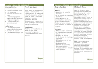 Receita – BOLO DE MARACUJÁ                                 Receita – MOUSSE DE CHOCOLATE
Ingredientes                 Modo de fazer                 Ingredientes                 Modo de fazer

 4 ovos (claras em neve)    Bolo: Bater as gemas com o    Massa:                       Bater as claras em neve,
 1 ½ de açúcar              açúcar e a margarina.          2 pacotes de bolacha       juntar as gemas uma a uma
                             Colocar o suco de maracujá                                 (batendo sempre), o açúcar,
 2 xícaras de farinha de                                     maizena
                             intercalando com a farinha.                                os chocolates em pó e o
  trigo                                                     ¾ de pacote de manteiga    derretido, a manteiga
 1 xícara de polpa de       Parar de bater e juntar as       derretida                 derretida, o licor e o creme de
  maracujá (sem semente)     claras em neve e o            Triturar a bolacha no        leite (nessa ordem). Colocar
 100g de margarina          fermento. Misturar            liquidificador e fazer uma   esse mousse por cima da
 1 colher (sopa) de         delicadamente e levar para    farofa com a manteiga.       massa já fria (dentro da forma
  fermento em pó             assar em forma untada com     Moldar na forma e levar ao   de aro removível). Colocar na
                             margarina e farinha.          forno por mais ou menos 10   geladeira e, enquanto isso,
Cobertura:                                                 minutos.                     preparar um chantilly de
 1 xícara de polpa de       Cobertura:                                                 acordo com a embalagem:
                             Misturar os ingredientes e                                 creme de leite fresco batido
  maracujá com semente                                     Recheio:
                             levar ao fogo para                                         mais ou menos 3 minutos com
 ½ xícara de açucar                                        10 ovos (clara em neve)    3 colheres de açúcar. Cobrir o
 1 xícara de chocolate em   engrossar um pouco.            3 ½ xícaras de chocolate   mousse com a quantidade de
  pó                         Colocar sobre o bolo ainda      em pó                      chantilly que desejar. Enfeitar
                             quente.                        1 xícara de açúcar         a tora com raspas de
                                                            ¼ de pacote de manteiga    chocolate e gotinhas de
                                                             derretida                  chantilly. Levar ao congelador.
                                                            1 lata de creme de leite
                                                             sem soro                   OBS: Essa torta deve ser
                                                            1 cálice de licor          congelada e só retirar
                                                                                        momentos antes de servir.
                                                            3 barras de chocolate
                                                                                        Meia hora na geladeira é
                                                             derretido (600g) –         suficiente para cortar as
                                                             metade ao leite e metade   porções. Se preferir pode fazer
                                                             meio-amargo                uma torta menor e adequar os
                                                                                        ingredientes de acordo com o
                                                                                        tamanho.




                                                Ângela
                                                                                                              Fátima
 