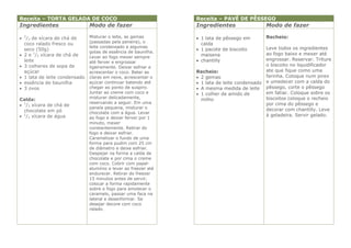Receita – TORTA GELADA DE COCO                                   Receita – PAVÊ DE PÊSSEGO
Ingredientes                   Modo de fazer                     Ingredientes                 Modo de fazer

 2/3 de xícara de chá de      Misturar o leite, as gemas         1 lata de pêssego em       Recheio:
  coco ralado fresco ou        (passadas pela peneira), o          calda
                               leite condensado e algumas                                     Leve todos os ingredientes
  seco (50g)                                                      1 pacote de biscoito
                               gotas de essência de baunilha.                                 ao fogo baixo e mexer até
 2 e 1/2 xícara de chá de     Levar ao fogo mexer sempre          maisena
  leite                                                           chantilly                  engrossar. Reservar. Triture
                               até ferver e engrossar
 3 colheres de sopa de        ligeiramente. Deixar esfriar e
                                                                                              o biscoito no liquidificador
  açúcar                       acrescentar o coco. Bater as      Recheio:                     ate que fique como uma
 1 lata de leite condensado   claras em neve, acrescentar o      2 gemas                    farinha. Coloque num pirex
 essência de baunilha         açúcar continuar batendo até       1 lata de leite condensado e umedecer com a calda do
 3 ovos                       chegar ao ponto de suspiro.        A mesma medida de leite pêssego, corte o pêssego
                               Juntar ao creme com coco e         1 colher de amido de       em fatiar. Coloque sobre os
Calda:                         misturar delicadamente,             milho                      biscoitos coloque o recheio
                               reservando a seguir. Em uma                                    por cima do pêssego e
 1/2 xícara de chá de
                               panela pequena, misturar o                                     decorar com chantilly. Leve
  chocolate em pó              chocolate com a água. Levar
 1/2 xícara de água                                                                          à geladeira. Servir gelado.
                               ao fogo e deixar ferver por 1
                               minuto, mexer
                               constantemente. Retirar do
                               fogo e deixar esfriar.
                               Caramelizar o fundo de uma
                               forma para pudim com 25 cm
                               de diâmetro e deixe esfriar.
                               Despejar na forma a calda de
                               chocolate e por cima o creme
                               com coco. Cobrir com papel-
                               alumínio e levar ao freezer até
                               endurecer. Retirar do freezer
                               15 minutos antes de servir,
                               colocar a forma rapidamente
                               sobre o fogo para amolecer o
                               caramelo, passar uma faca na
                               lateral e desenformar. Se
                               desejar decore com coco
                               ralado.
 