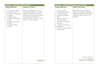 Receita – BOLO DE CHOCOLATE                                  Receita - BOLO DE FARINHA DE MILHO
Ingredientes              Modo de fazer                      Ingredientes                Modo de fazer

 2 xícaras de açúcar     Bata no liquidificador o óleo,        3 ovos inteiros         Bata tudo no liquidificador
 1 xícara de óleo        chocolate do padre e os ovos.         1 xícara de açúcar      menos o fermento, depois de
 1 xícara de chocolate   Depois de bater acrescente o          1 xícara de óleo        batido acrescente o fermento e
  do padre                leite quente e bata ainda mais,       1 vidro de leite de     misture e leve ao forno em
 1 pitada de sal         em seguida acrescente o                côco                    seguida.
 1 colher de pó Royal    açúcar, farinha, sal e pó royal.      2 vidros de leite
 3 ovos                  Levar ao forno quente.                 comum (vaca)
 3 xícaras de farinha                                          2 xícaras de farinha
  de trigo                                                       de milho
 1 xícara de leite                                             1 colher de pó Royal
  quente                                                     e   por último
                                                                100 gr de côco ralado
                                                                 e hidratado




                                                                                                     Gostou? É fácil...
                                                                                                        Um abraço!!!
                                                 MARINA                                          ALZIRA R. LAURINI
 