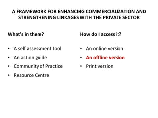 A FRAMEWORK FOR ENHANCING COMMERCIALIZATION AND
STRENGTHENING LINKAGES WITH THE PRIVATE SECTOR
What’s in there?
• A self a...