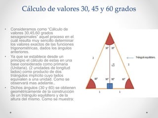 Cálculo de valores 30, 45 y 60 grados
• Consideramos como “Cálculo de
valores 30,45,60 grados
sexagesimales” aquel proceso en el
cuál resulta muy sencillo determinar
los valores exactos de las funciones
trigonométricas, dados los ángulos
anteriores.
• Ya que se establece desde un
principio el cálculo de estas en una
base considerada como primaria
(Unitaria). (2 unidades de longitud
lados) como producto de dos
triángulos implícito cuyo lados
equivalen a una unidad. Como se
observará mas adelante..
• Dichos ángulos (30 y 60) se obtienen
geométricamente de la construcción
de un triángulo equilátero y de la
altura del mismo. Como se muestra:
 