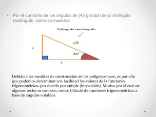 • Por el contrario de los ángulos de (45 grados) de un triángulo
rectángulo, como se muestra:
Debido a las medidas de construcción de los polígonos base, es por ello
que podemos determinar con facilidad los valores de la funciones
trigonométricas por decirlo por simple (Inspección). Motivo por el cual en
algunos textos se conocen, como: Cálculo de funciones trigonométricas a
base de ángulos notables.
 