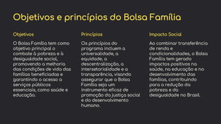 preencoded.png
Objetivos e princípios do Bolsa Família
Objetivos
O Bolsa Família tem como
objetivo principal o
combate à pobreza e à
desigualdade social,
promovendo a melhoria
das condições de vida das
famílias beneficiadas e
garantindo o acesso a
serviços públicos
essenciais, como saúde e
educação.
Princípios
Os princípios do
programa incluem a
universalidade, a
equidade, a
descentralização, a
intersetorialidade e a
transparência, visando
assegurar que o Bolsa
Família seja um
instrumento eficaz de
promoção da justiça social
e do desenvolvimento
humano.
Impacto Social
Ao combinar transferência
de renda e
condicionalidades, o Bolsa
Família tem gerado
impactos positivos na
saúde, na educação e no
desenvolvimento das
famílias, contribuindo
para a redução da
pobreza e da
desigualdade no Brasil.
 
