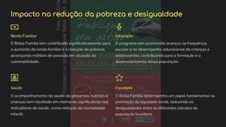 preencoded.png
Impacto na redução da pobreza e desigualdade
Renda Familiar
O Bolsa Família tem contribuído significativamente para
o aumento da renda familiar e a redução da pobreza,
alcançando milhões de pessoas em situação de
vulnerabilidade.
Educação
O programa tem promovido avanços na frequência
escolar e no desempenho educacional de crianças e
adolescentes, contribuindo para a formação e o
desenvolvimento dessa população.
Saúde
O acompanhamento da saúde de gestantes, nutrizes e
crianças tem resultado em melhorias significativas nos
indicadores de saúde, como redução da mortalidade
infantil.
Equidade
O Bolsa Família desempenha um papel fundamental na
promoção da equidade social, reduzindo as
desigualdades entre os diferentes estratos da
população brasileira.
 