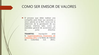 COMO SER EMISOR DE VALORES
 El proceso que debe realizar una
compañía para listar sus acciones u
otros valores en la BVC, inicia con la
obtención de la aprobación de sus
órganos internos tales como su
asamblea general de accionistas y/o
su junta directiva.
TRAMITES: inscripción ante
la Superintendencia Financiera de
Colombia (SFC) y la Bolsa de Valores
de Colombia S.A. (BVC).
 