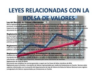 Ley del Mercado de Valores y Mercancías
Marco legislativo del mercado de valores, vigente desde el 23 de Diciembre de 1996. A través de esta ley se busca
promover el desarrollo económico de la Nación, por medio de la inversión de capitales nacionales y extranjeros bajo el
imperio de normas modernas que permiten el desarrollo transparente, eficiente y dinámico del mercado de valores.(Este
documento ha sido transcrito por Bolsa de Valores Nacional, S.A., por lo que no tiene carácter oficial).
Reglamento del Registro del Mercado de Valores y Mercancías
Es el principal estatuto normativo de Bolsa de Valores Nacional, S.A. donde se plasman los objetivos y funciones de la
Bolsa, las facultades de los órganos, los derechos y obligaciones de sus miembros, el sistema de garantías, los
procedimientos de negociación y normas de funcionamiento, los motivos para la suspensión de cotizaciones, listado de
prácticas prohibidas e infracciones asi como las sanciones que acarree
Reglamento para la Inscripción de Valores
Indica los requisitos necesarios para inscribir cualquier clase de valores, tanto nacionales como extranjeros, de entidades
públicas o privadas que pueden ser objeto de oferta pública para cotización bursátil en Bolsa de Valores Nacional, S.A.
Reglamento sobre Divulgación y Actualización de Información
Contiene los requisitos necesarios que los emisores de valores privados deben cumplir para mantener vigente la
inscripción de oferta pública bursátil. El objetivo de estas normas es mantener informado al público de todo tipo de
información, tanto legal como financiera, relevante para tomar decisiones de inversión.
Reglamentos de Casas de Bolsa
Documento que establece las normas generales a seguir por las Casas de Bolsa miembros de BVN.
Reglamento para la Emisión e Inscripción de Valores representados por medio de Anotaciones en Cuenta Normas sobre
aspectos relacionados con la actuación del departamento de Caja de Valores de Bolsa de Valores Nacional como registro
consignatario de Valores representados por Anotaciones en Cuenta
 