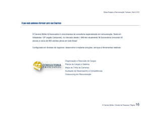 Bolsa Estágio e Remuneração Trainees | Abril 2.012




O que mais podemos oferecer para sua Empresa



            A Carreira Müller & Associados é uma empresa de consultoria especializada em remuneração. Sede em
            Indaiatuba / SP (região Campinas), no mercado desde 1.994 tem atualmente 36 funcionários (incluindo 05
            sócios) e cerca de 600 clientes ativos em todo Brasil.


            Configurada em divisões de negócios, desenvolve e implanta soluções, serviços e ferramentas relativas:




                                                   Organização e Descrição de Cargos
                                                   Planos de Cargos e Salários
                                                   Mapa de Trilha de Carreiras
                                                   Avaliação de Desempenho e Competências
                                                   Outsourcing em Remuneração




                                                                                            © Carreira Müller | Divisão de Pesquisa | Página   16
 