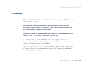 Bolsa Estágio e Remuneração Trainees | Abril 2.012




Práticas de Mercado



               o      55% do mercado pesquisado utiliza estagiários dos níveis técnicos e universitários, 45% utiliza somente
                      estagiários do nível universitário.


               o      40% das empresas praticam a mesma tabela para estagiários do nível universitário das áreas
                      administrativas e técnica / engenharia, 60% diferencia, ou seja, usa uma tabela específica para área
                      técnica / engenharia e outra tabela para as demais áreas.


                      As diferenças dos valores das bolsas entre a área técnica / engenharia e as demais áreas variam entre
                      15% a 20% (média 17,1%). Considere á área técnica / engenharia maior.


               o      Em análise aos valores das bolsas estágios para 2.012 frente os valores praticados em 2.011,
                      observamos uma evolução média de 14,6% para o nível técnico, 10,9% para universitários técnica /
                      engenharia e 10,6% para universitários de outras áreas.


               o      Embora a nova legislação não preveja o pagamento de 13º salário, 35% do mercado paga 13o. Salário
                      aos estagiários. Quase que na totalidade dos casos o valor equivale a 100% do valor da bolsa e são
                      pagos como bolsa auxílio complementar.




                                                                                                  © Carreira Müller | Divisão de Pesquisa | Página   8
 