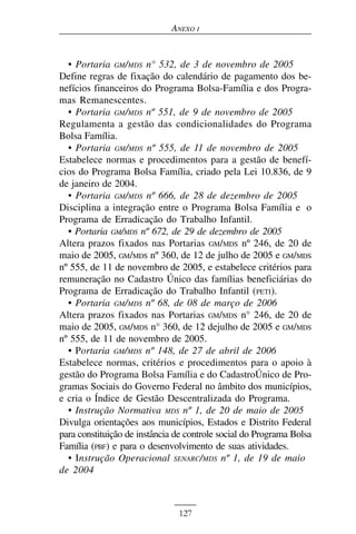 ANEXO I


  • Portaria GM/MDS n° 532, de 3 de novembro de 2005
Define regras de fixação do calendário de pagamento dos be-
nefícios financeiros do Programa Bolsa-Família e dos Progra-
mas Remanescentes.
  • Portaria GM/MDS nº 551, de 9 de novembro de 2005
Regulamenta a gestão das condicionalidades do Programa
Bolsa Família.
  • Portaria GM/MDS nº 555, de 11 de novembro de 2005
Estabelece normas e procedimentos para a gestão de benefí-
cios do Programa Bolsa Família, criado pela Lei 10.836, de 9
de janeiro de 2004.
  • Portaria GM/MDS nº 666, de 28 de dezembro de 2005
Disciplina a integração entre o Programa Bolsa Família e o
Programa de Erradicação do Trabalho Infantil.
  • Portaria GM/MDS nº 672, de 29 de dezembro de 2005
Altera prazos fixados nas Portarias GM/MDS nº 246, de 20 de
maio de 2005, GM/MDS nº 360, de 12 de julho de 2005 e GM/MDS
nº 555, de 11 de novembro de 2005, e estabelece critérios para
remuneração no Cadastro Único das famílias beneficiárias do
Programa de Erradicação do Trabalho Infantil (PETI).
  • Portaria GM/MDS nº 68, de 08 de março de 2006
Altera prazos fixados nas Portarias GM/MDS n° 246, de 20 de
maio de 2005, GM/MDS n° 360, de 12 dejulho de 2005 e GM/MDS
nº 555, de 11 de novembro de 2005.
  • Portaria GM/MDS nº 148, de 27 de abril de 2006
Estabelece normas, critérios e procedimentos para o apoio à
gestão do Programa Bolsa Família e do CadastroÚnico de Pro-
gramas Sociais do Governo Federal no âmbito dos municípios,
e cria o Índice de Gestão Descentralizada do Programa.
  • Instrução Normativa MDS nº 1, de 20 de maio de 2005
Divulga orientações aos municípios, Estados e Distrito Federal
para constituição de instância de controle social do Programa Bolsa
Família (PBF) e para o desenvolvimento de suas atividades.
  • Instrução Operacional SENARC/MDS nº 1, de 19 de maio
de 2004



                               127
 