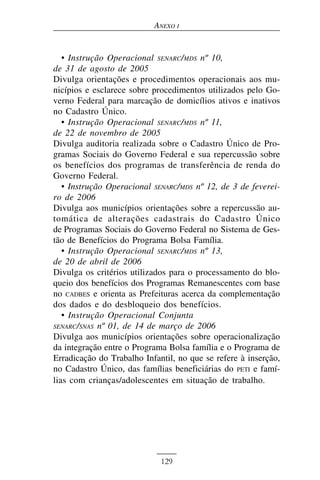 ANEXO I


   • Instrução Operacional SENARC/MDS nº 10,
de 31 de agosto de 2005
Divulga orientações e procedimentos operacionais aos mu-
nicípios e esclarece sobre procedimentos utilizados pelo Go-
verno Federal para marcação de domicílios ativos e inativos
no Cadastro Único.
   • Instrução Operacional SENARC/MDS nº 11,
de 22 de novembro de 2005
Divulga auditoria realizada sobre o Cadastro Único de Pro-
gramas Sociais do Governo Federal e sua repercussão sobre
os benefícios dos programas de transferência de renda do
Governo Federal.
   • Instrução Operacional SENARC/MDS nº 12, de 3 de feverei-
ro de 2006
Divulga aos municípios orientações sobre a repercussão au-
tomática de alterações cadastrais do Cadastro Único
de Programas Sociais do Governo Federal no Sistema de Ges-
tão de Benefícios do Programa Bolsa Família.
   • Instrução Operacional SENARC/MDS nº 13,
de 20 de abril de 2006
Divulga os critérios utilizados para o processamento do blo-
queio dos benefícios dos Programas Remanescentes com base
no CADBES e orienta as Prefeituras acerca da complementação
dos dados e do desbloqueio dos benefícios.
   • Instrução Operacional Conjunta
SENARC /SNAS nº 01, de 14 de março de 2006
Divulga aos municípios orientações sobre operacionalização
da integração entre o Programa Bolsa família e o Programa de
Erradicação do Trabalho Infantil, no que se refere à inserção,
no Cadastro Único, das famílias beneficiárias do PETI e famí-
lias com crianças/adolescentes em situação de trabalho.




                             129
 