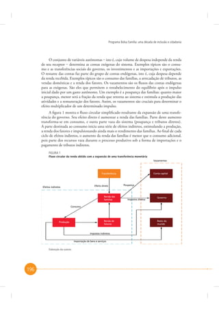 Programa Bolsa Família: uma década de inclusão e cidadania

O conjunto de variáveis autônomas ‒ isto é, cujo volume de despesa independe da renda
de seu receptor ‒ determina as contas exógenas do sistema. Exemplos típicos são o consumo e as transferências sociais do governo, os investimentos e as importações e exportações.
O restante das contas faz parte do grupo de contas endógenas, isto é, cuja despesa depende
da renda recebida. Exemplos típicos são o consumo das famílias, a arrecadação de tributos, as
vendas domésticas e a renda dos fatores. Os vazamentos são os fluxos das contas endógenas
para as exógenas. São eles que permitem o restabelecimento do equilíbrio após o impulso
inicial dado por um gasto autônomo. Um exemplo é a poupança das famílias: quanto maior
a poupança, menor será a fração da renda que retorna ao sistema e estimula a produção das
atividades e a remuneração dos fatores. Assim, os vazamentos são cruciais para determinar o
efeito multiplicador de um determinado impulso.
A figura 1 mostra o fluxo circular simplificado resultante da expansão de uma transferência do governo. Seu efeito direto é aumentar a renda das famílias. Parte deste aumento
transforma-se em consumo, e outra parte vaza do sistema (poupança e tributos diretos).
A parte destinada ao consumo inicia uma série de efeitos indiretos, estimulando a produção,
a renda dos fatores e impulsionando ainda mais o rendimento das famílias. Ao final de cada
ciclo de efeitos indiretos, o aumento da renda das famílias é menor que o consumo adicional,
pois parte dos recursos vaza durante o processo produtivo sob a forma de importações e o
pagamento de tributos indiretos.
FIGURA 1
Fluxo circular da renda obtido com a expansão de uma transferência monetária
Vazamentos

Conta capital

Transferência

Efeito direto

Efeitos indiretos

Renda das
famílias

Poupança

Impostos diretos

Governo

Consumo

Produção

Renda de
fatores

Impostos indiretos
Importação de bens e serviços

Elaboração dos autores.

196

Resto do
mundo

 