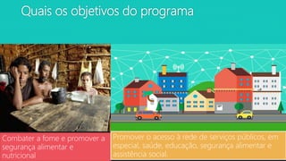 Quais os objetivos do programa
Combater a fome e promover a
segurança alimentar e
nutricional
Promover o acesso à rede de serviços públicos, em
especial, saúde, educação, segurança alimentar e
assistência social.
 