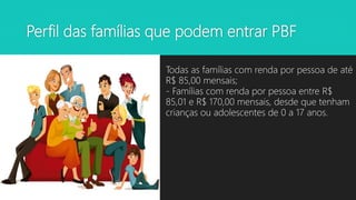 Perfil das famílias que podem entrar PBF
• Todas as famílias com renda por pessoa de até
R$ 85,00 mensais;
- Famílias com renda por pessoa entre R$
85,01 e R$ 170,00 mensais, desde que tenham
crianças ou adolescentes de 0 a 17 anos.
 