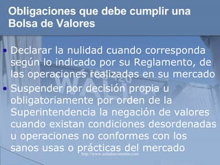 Obligaciones que debe cumplir una Bolsa de Valores Declarar la nulidad cuando corresponda según lo indicado por su Reglamento, de las operaciones realizadas en su mercado Suspender por decisión propia u obligatoriamente por orden de la Superintendencia la negación de valores cuando existan condiciones desordenadas u operaciones no conformes con los sanos usas o prácticas del mercado 