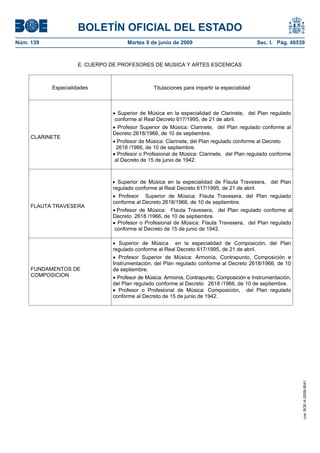 BOLETÍN OFICIAL DEL ESTADO
Núm. 139                             Martes 9 de junio de 2009                              Sec. I. Pág. 48539



                     E. CUERPO DE PROFESORES DE MUSICA Y ARTES ESCENICAS



           Especialidades                      Titulaciones para impartir la especialidad



                                 Superior de Música en la especialidad de Clarinete, del Plan regulado
                                conforme al Real Decreto 617/1995, de 21 de abril.
                                 Profesor Superior de Música: Clarinete, del Plan regulado conforme al
                               Decreto 2618/1966, de 10 de septiembre.
     CLARINETE
                                Profesor de Música: Clarinete, del Plan regulado conforme al Decreto
                                2618 /1966, de 10 de septiembre.
                                Profesor o Profesional de Música: Clarinete, del Plan regulado conforme
                               al Decreto de 15 de junio de 1942.



                                 Superior de Música en la especialidad de Flauta Travesera, del Plan
                               regulado conforme al Real Decreto 617/1995, de 21 de abril.
                                 Profesor Superior de Música: Flauta Travesera, del Plan regulado
                               conforme al Decreto 2618/1966, de 10 de septiembre.
     FLAUTA TRAVESERA
                                Profesor de Música: Flauta Travesera, del Plan regulado conforme al
                               Decreto 2618 /1966, de 10 de septiembre.
                                Profesor o Profesional de Música: Flauta Travesera, del Plan regulado
                               conforme al Decreto de 15 de junio de 1942.

                                  Superior de Música en la especialidad de Composición, del Plan
                               regulado conforme al Real Decreto 617/1995, de 21 de abril.
                                 Profesor Superior de Música: Armonía, Contrapunto, Composición e
                               Instrumentación, del Plan regulado conforme al Decreto 2618/1966, de 10
     FUNDAMENTOS DE            de septiembre.
     COMPOSICION                 Profesor de Música: Armonía, Contrapunto, Composición e Instrumentación,
                               del Plan regulado conforme al Decreto 2618 /1966, de 10 de septiembre.
                                 Profesor o Profesional de Música: Composición, del Plan regulado
                               conforme al Decreto de 15 de junio de 1942.
                                                                                                             cve: BOE-A-2009-9541
 