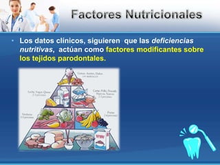 Los datos clínicos, siguieren  que las deficiencias  nutritivas,  actúan como factores modificantes sobre los tejidos parodontales.Factores Nutricionales
