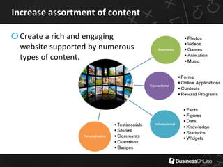 Increase assortment of content

 Create a rich and engaging
 website supported by numerous
 types of content.
 