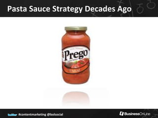Pasta Sauce Strategy Decades Ago




  #contentmarketing @bolsocial
 