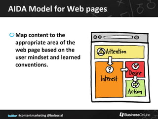 AIDA Model for Web pages

 Map content to the
 appropriate area of the
 web page based on the
 user mindset and learned
 conventions.




  #contentmarketing @bolsocial
 