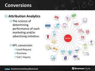 Conversions
 Attribution Analytics
   The science of
   determining
   performance of each
   marketing and/or
   advertising initiative.

   KPI: conversion
       Lead Request
       Purchase
       Call / Inquiry



  #contentmarketing @bolsocial
 