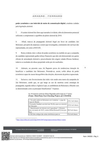 4
poder econômico e uso indevido de meios de comunicação digital, condutas vedadas
pela legislação eleitoral.
7. O caráter eleitoral dos fatos aqui narrados é evidente, além de demonstrar potencial
suficiente a comprometer o equilíbrio do pleito eleitoral de 2018.
8. Afinal, trata-se de propaganda eleitoral ilegal em favor do candidato Jair
Bolsonaro, por parte de empresas a serem aqui investigadas, contratantes dos serviços das
representadas, tal como a HAVAN.
9. Resta evidente claro o abuso de poder econômico na medida em que a campanha
do candidato representado ganha reforço financeiro que não está demonstrado nos gastos
oficiais de arrecadação eleitoral e, possivelmente têm origem vedada (Pessoa Jurídica),
todavia os resultados do abuso perpetrado serão por ele usufruídos.
10. Ademais, no presente caso, há flagrante prova da tendenciosa intenção de
beneficiar o candidato Jair Bolsonaro. Pretende-se, assim, coibir abuso de poder
econômico capaz de causar desequilíbrio das eleições, decorrente da prática supracitada.
11. Inclusive, este favorecimento das redes vem sendo uma marca da campanha de
Jair Bolsonaro, sendo que, no que tange ao uso de mentiras como estratégia de
propaganda, segundo indica a Agência Lupa, as candidaturas de Bolsonaro e Mourão vem
se demonstrando como as principais beneficiárias2
. Vejamos:
As 10 maiores notícias falsas flagradas pela Lupa no 1º turno:
(Fonte: Third Party Fact-Checking Project, até 3/10/2018)
1 ‘Ato pela saúde de Bolsonaro em Campinas’ x jogo da
Copa do Mundo
238,3 mil shares
2 Fernando Haddad convida Jean Wyllys para ser ministro
da Educação
219,8 mil shares
3 ‘Manifestação do #elesim em Copacabana’ x Protesto
feito em março de 2015, contra Dilma Rousseff (Vem pra
Rua)
90,9 mil shares
4 TSE deu códigos das urnas eletrônicas para os 78,4 mil shares
2
https://piaui.folha.uol.com.br/lupa/2018/10/07/artigo-epoca-noticias-falsas-1-turno/
Num. 549302 - Pág. 4Assinado eletronicamente por: MARCELO WINCH SCHMIDT - 18/10/2018 16:20:18
https://pje.tse.jus.br:8443/pje-web/Processo/ConsultaDocumento/listView.seam?x=18101816201830400000000540698
Número do documento: 18101816201830400000000540698
 