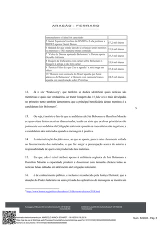 5
venezuelanos x Edital foi cancelado
5 Guiné Equatorial recebeu do BNDES e Lula perdoou x
BNDES apoiou Guiné Bissau
57,2 mil shares
6 Haddad diz que estado decide se crianças serão meninos
ou meninas x TSE mandou retirar conteúdo
51,8 mil shares
7 ‘Vídeo de Datena apoiando Bolsonaro’ x Datena apoia
Geraldo Alckmin
35,3 mil shares
8 Imagem de traficantes com cartaz sobre Bolsonaro x
Imagem é antiga e não tem cartaz
33,8 mil shares
9 ‘Patrícia Pillar diz que Ciro a agredia’ x atriz nega em
vídeo
35,4 mil shares
10 ‘Homem com camiseta do Brasil apanha por botar
adesivos de Bolsonaro’ x Homem com camiseta branca
apanha em manifestação sobre Petrobras
24,2 mil shares
12. Já o site “boatos.org”, que também se dedica identificar quais notícias são
mentirosas e quais são verdadeiras, ao trazer listagem das 15 fake news mais divulgadas
no primeiro turno também demonstrou que a principal beneficiária destas mentiras é a
candidatura Jair Bolsonaro3
.
13. Ou seja, é notório o fato de que a candidatura de Jair Bolsonaro e Hamilton Mourão
se aproveitam destas mentiras disseminadas, tendo em vista que os alvos prioritários são
justamente os candidatos da Coligação noticiante quando os comentários são negativos, e
a candidatura dos noticiados quando a mensagem é positiva.
14. A sistematização das fake news, ao que se aponta, parece estar claramente voltada
ao favorecimento dos noticiados, o que faz surgir a preocupação acerca da autoria e
responsabilidade de quem está produzindo tais materiais.
15. Eis que, não é crível atribuir apenas à militância orgânica de Jair Bolsonaro e
Hamilton Mourão a capacidade produzir e disseminar com tamanha eficácia todas as
notícias falsas editadas em detrimento da Coligação noticiante.
16. é de conhecimento público, e inclusive reconhecido pela Justiça Eleitoral, que a
atuação do Poder Judiciário na seara privada dos aplicativos de mensagens se mostra um
3
https://www.boatos.org/politica/checadores-15-fake-news-eleicoes-2018.html
Num. 549302 - Pág. 5Assinado eletronicamente por: MARCELO WINCH SCHMIDT - 18/10/2018 16:20:18
https://pje.tse.jus.br:8443/pje-web/Processo/ConsultaDocumento/listView.seam?x=18101816201830400000000540698
Número do documento: 18101816201830400000000540698
 