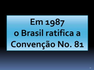 10
Em 1987
o Brasil ratifica a
Convenção No. 81
 