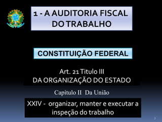 3
CONSTITUIÇÃO FEDERAL
XXIV - organizar, manter e executar a
inspeção do trabalho
Art. 21Titulo III
DA ORGANIZAÇÃO DO ESTADO
Capítulo II Da União
1 - A AUDITORIA FISCAL
DOTRABALHO
 