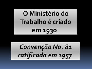 Convenção No. 81
ratificada em 1957
O Ministério do
Trabalho é criado
em 1930
 